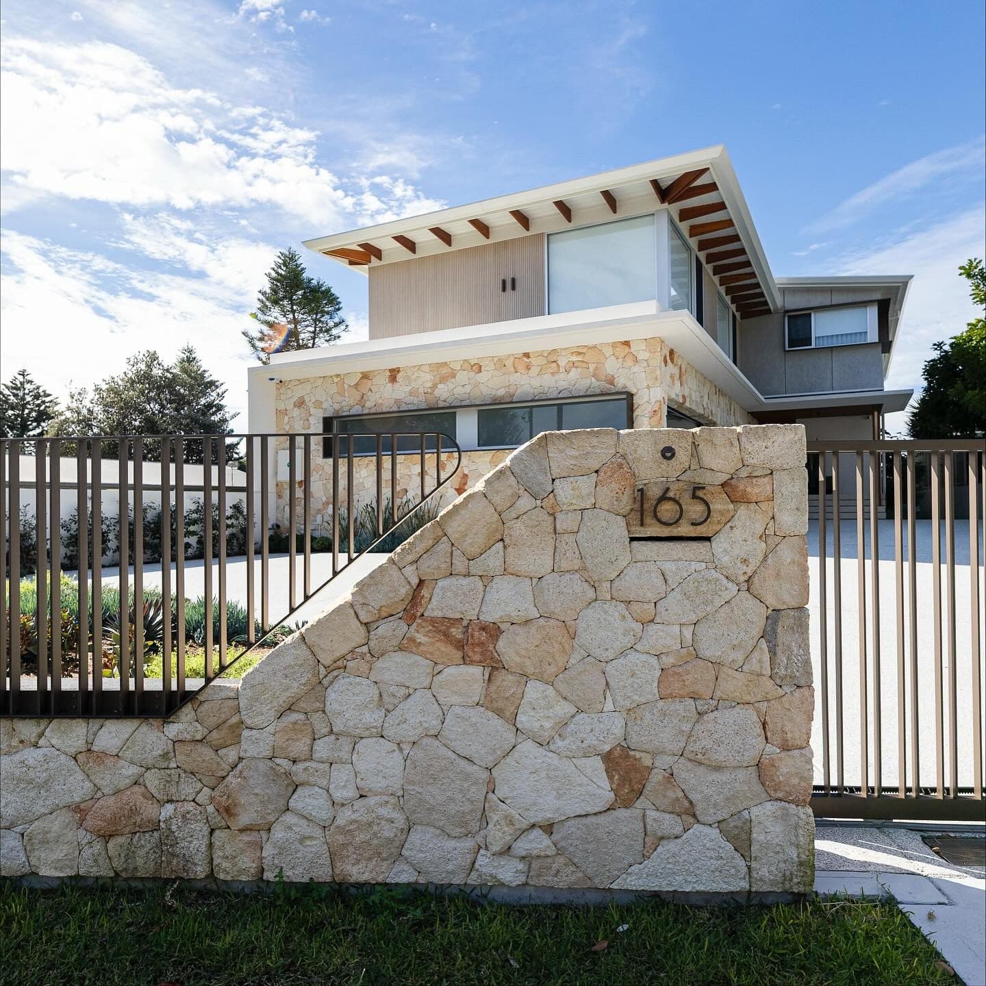 Stainless powder-coated fence and letterbox detail — Avoca Beach House, by JR FAB