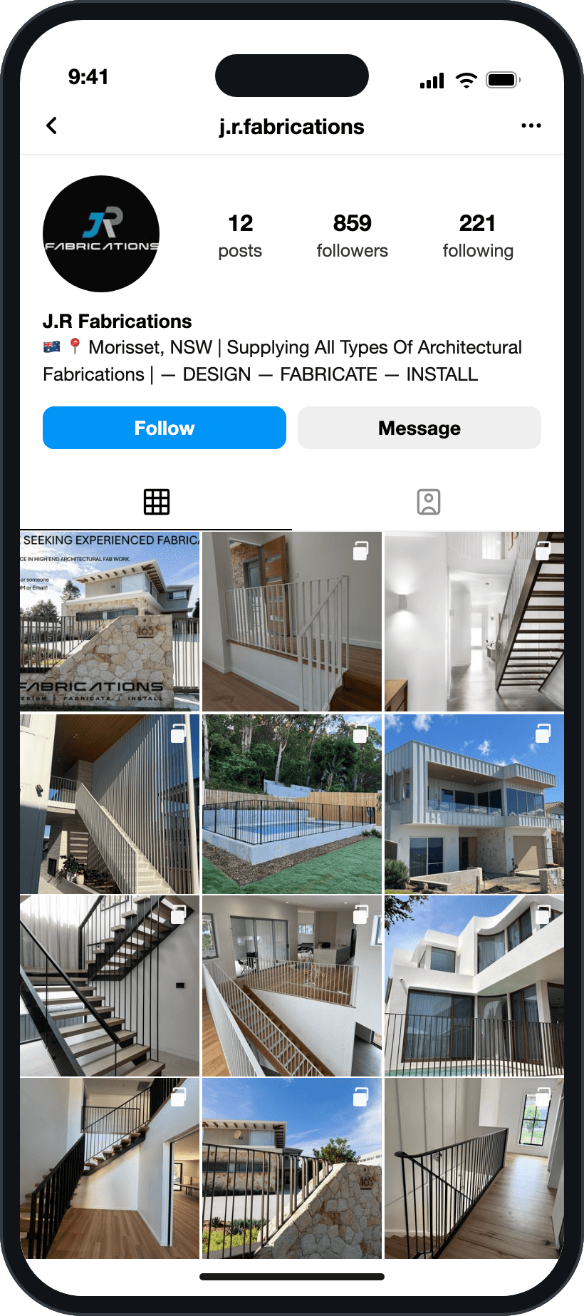 The real @j.r.fabrications Instagram profile — 859 followers and a grid of finished JR FAB projects