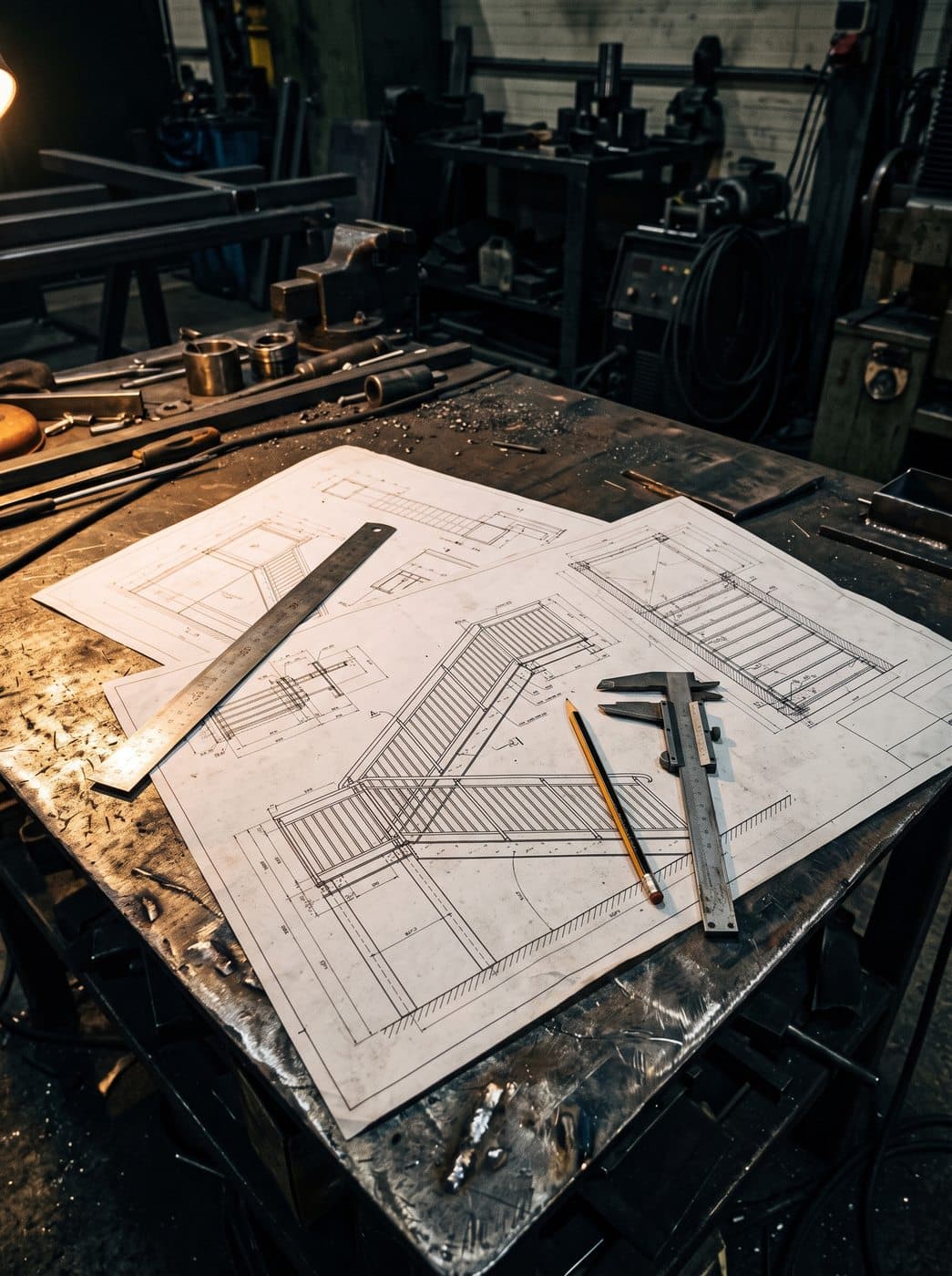 Technical drawings of a steel staircase on the workshop bench