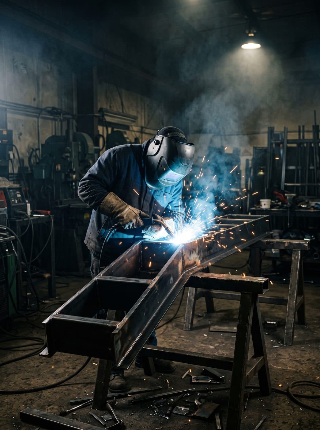 Fabricator welding a steel stair stringer in the workshop, sparks flying
