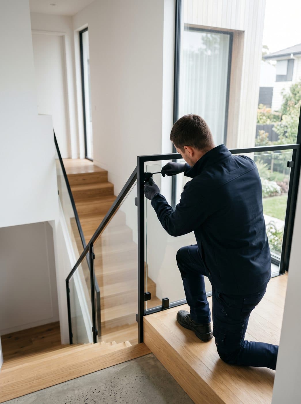 Installer fixing a black steel and glass balustrade on site